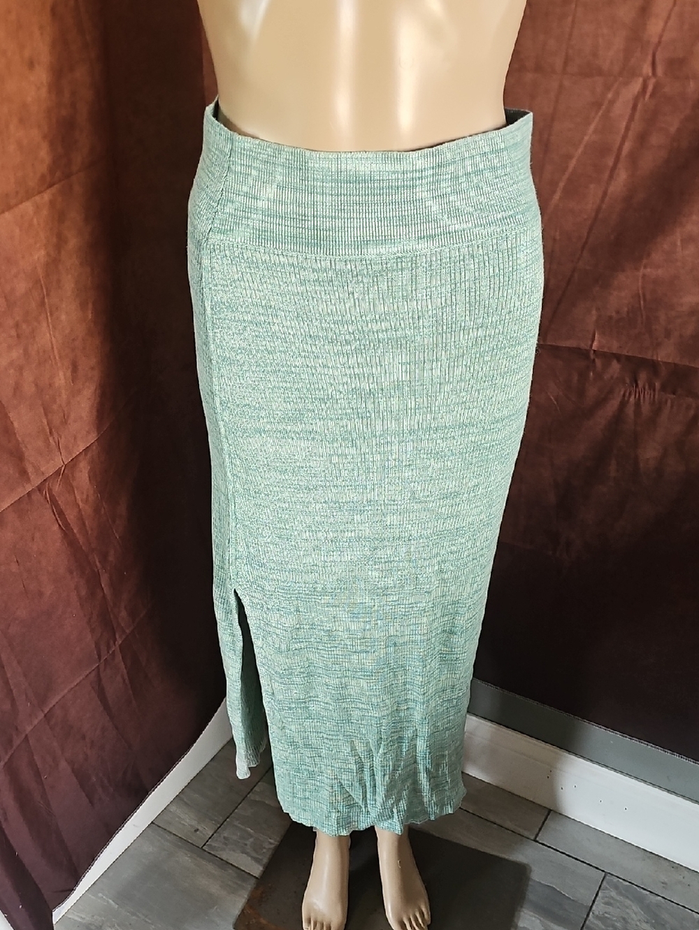 Free People Mint Green Ribbed Midi Skirt with Side Slit